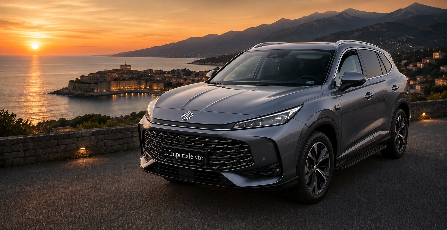 MG gris anthracite devant un coucher de soleil sur la côte